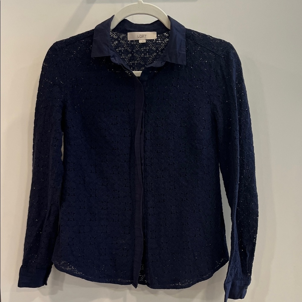 LOFT Navy Lace Button Down Shirt